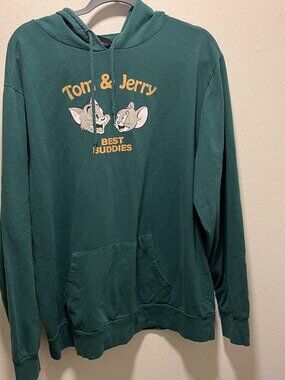 Tom & Jerry Hoodie/ Sweatshirt Pullover Green Fleece Graphic Logo Size 2XL